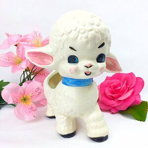 Vintage MCM White Glazed Ceramic Lamb Sheep Planter Decor 1950's
